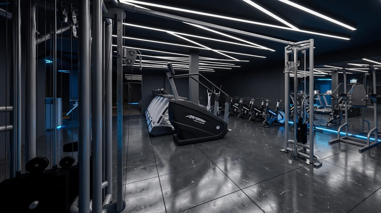 Zona funcional de A21 FITNESS 24h con poleas y bicis de ciclo