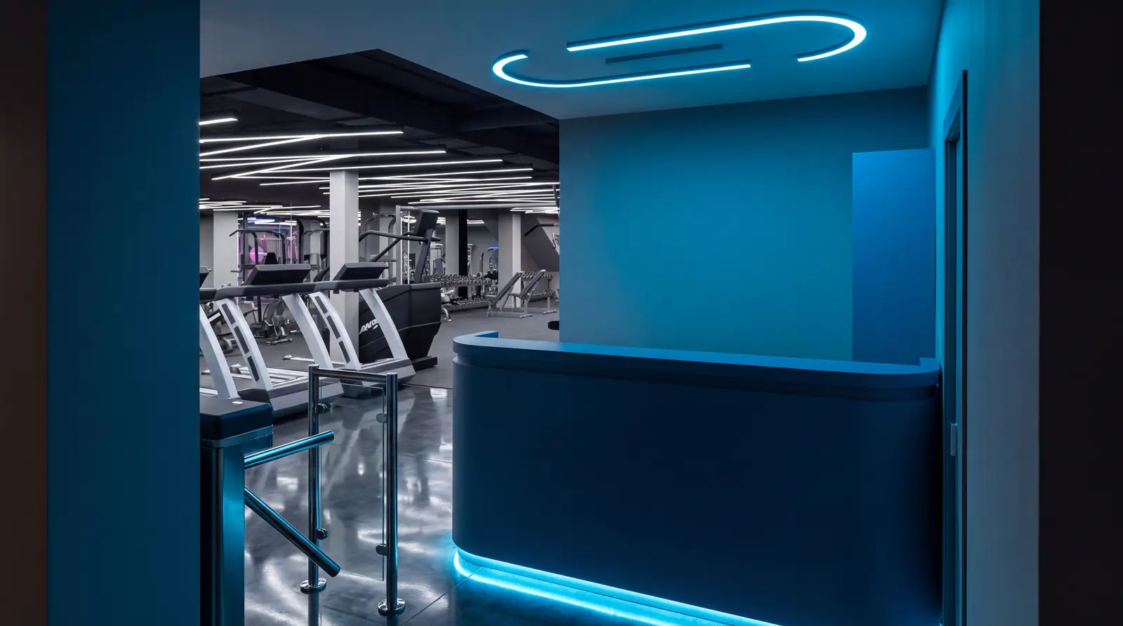 Recepción de A21 FITNESS 24h con iluminación LED azul